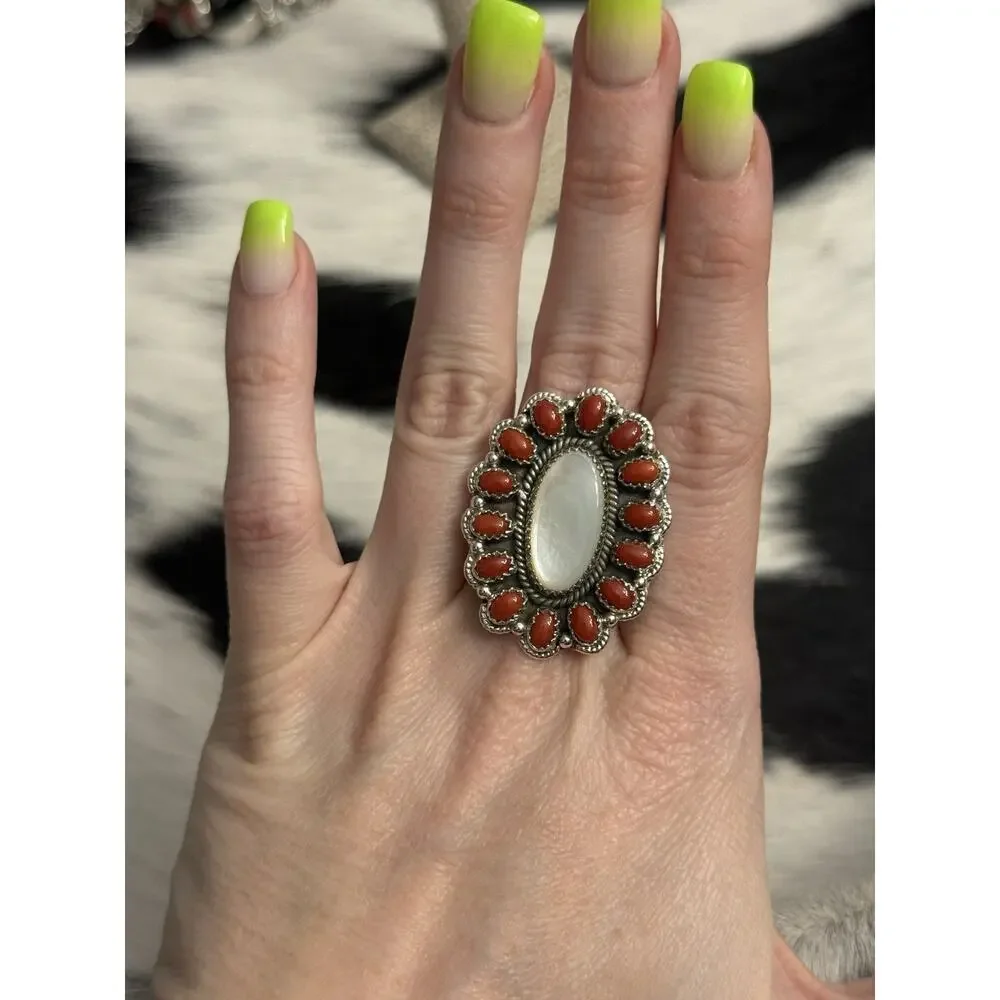Native American Sterling Silver Mother Pearl Red Coral Multistone Cluster Ring